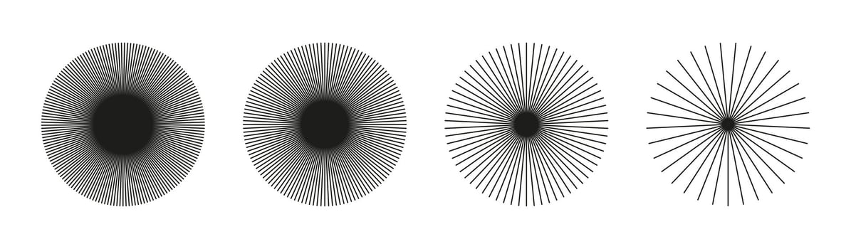 Radial circle lines icons. Circular lines elements set. Symbol of Sun star rays. Flat design stickers. Spokes with radiating stripes pattern. Abstract illusion geometric shapes templates. vector