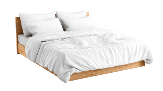 Empty bed with white linens and wooden frame on transparent background png