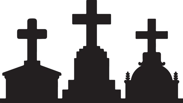 Three Black Silhouette Grave Markers Crosses Cemetery Headstones Funeral Memorials Simple Minimalist Design vector