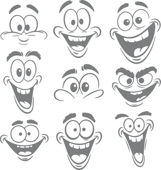 Nine Gray Scale Cartoon Faces with Varying Expressions Wide Eyes Big Smiles and Eyebrows Silhouette Style Illustrations vector