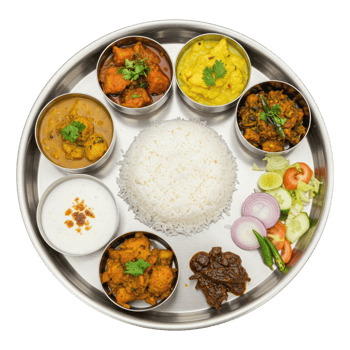 Top View of Indian Chicken Thali with Paneer, Raita, and Salad. Cut Out, Clipping Path on Transparent Background. png