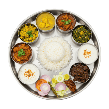 Top View of Authentic Indian Cuisine Platter Served on a Steel Plate. Cut Out, Clipping Path on Transparent Background. png
