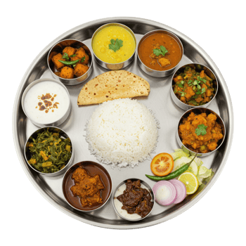 Assortment of Indian Dishes in a Thali for Lunch or Dinner. Cut Out, Clipping Path on Transparent Background. png