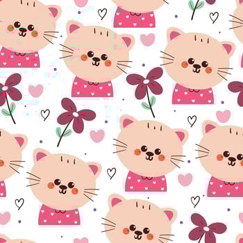 cute drawing cartoon cat with flowers and leaves seamless pattern. animal pattern in white background for wallpaper vector