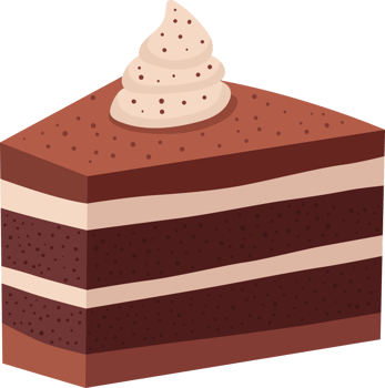 Slice of chocolate cake with cream topping and layered with white icing. png