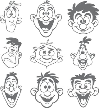 Nine Gray Scale Cartoon Faces Diverse Expressions Happy Sad Silly Silhouette Style Illustrations Set vector