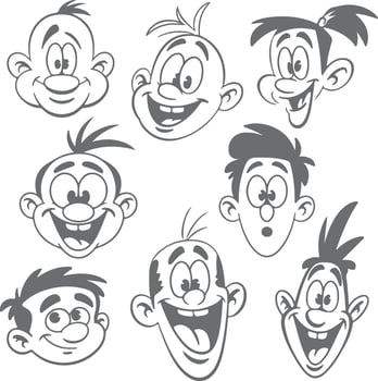 Eight Gray Cartoon Faces Diverse Expressions Happy Smiling Surprised Silly Playful Childish Characters Silhouette Style Illustration Set vector