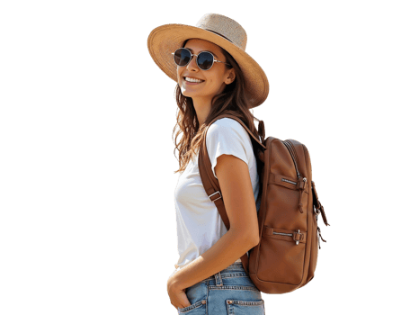 A woman wearing a hat and a white shirt with a brown backpack png