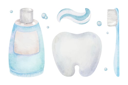 Kids stomatology Set of Healthy Tooth, soap bubbles, toothbrush, toothpaste blue color for boys. Isolated watercolor illustrations. Clip art for pediatric dentistry, products of dental health care vector
