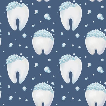 Soapy Teeth and soap bubbles. Hand drawn watercolor kids seamless pattern on dark background. Print of Baby tooth for pediatric dentistry, dental health care, daily Oral hygiene. vector