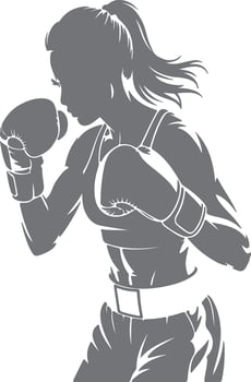 Gray Silhouette of Female Boxer with Ponytail Wearing Boxing Gloves and Shorts Ready to Fight Dynamic Pose Strong Athletic Woman Sports Illustration vector