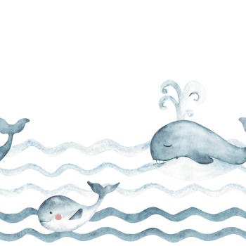 Marine Seamless border pattern with blue Whales family swimming in Ocean waves. Hand drawn illustration for kids wallpaper or nautical designs. png