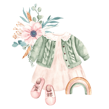 Baby Girl Clothes composition in vintage style. Dress and Cardigan, pink Booties, Rainbow wooden toy and floral bouquet. Watercolor hand painted illustration. For baby png