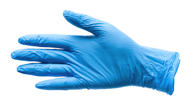Blue nitrile glove protecting hand on transparent background png