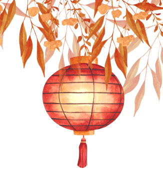 Watercolor illustration of a glowing red Chinese lantern hanging from golden floral branches. Elegant decoration for festivals, New Year, or oriental design themes. png
