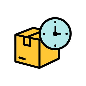 Yellow package with delivery clock indicator. Icon symbol illustration vector