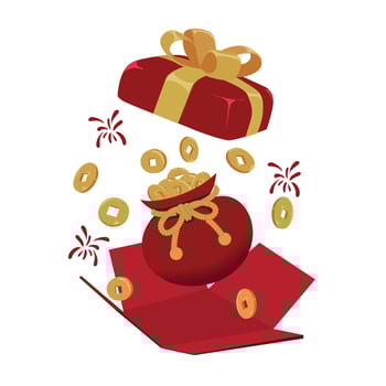 illustration of an open red gift box with gold money pouch and coins, symbolizing wealth and prosperity. Ideal for Chinese New Year, prosperity celebration, or festive cultural designs. vector
