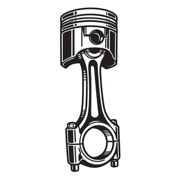 A meticulously rendered black and white illustration of a detailed piston and connecting rod a crucial engine component vector