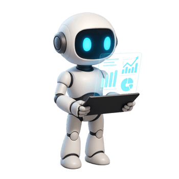 3D Robot Holding Tablet Displaying Data and Graphs in Modern Style png