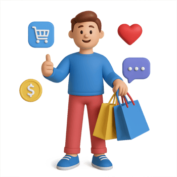3D Online Shopper Character Giving Thumbs Up with Shopping Bags png