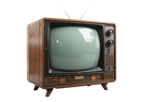 Vintage television with wooden cabinet, antennas, screen, knobs, isolated on transparent background, Retro, Nostalgia, Entertainment. png