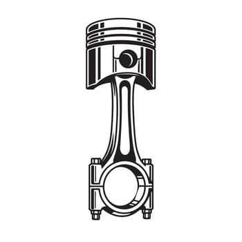 Detailed black and white illustration of an internal combustion engine piston and connecting rod silhouette design. vector