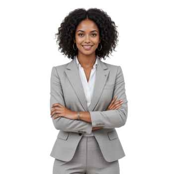 Confident businesswoman in elegant suit with curly hair smiling png