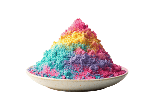 Pile of colorful powder in a bowl, isolated on transparent background, representing Holi, festival, celebration. png