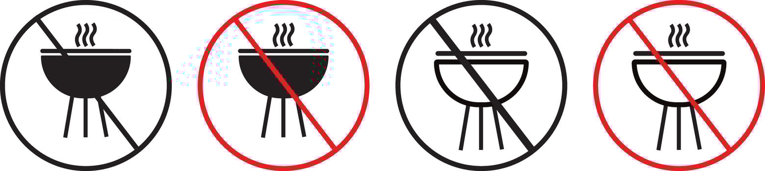 Grill BBQ icon set. barbecue with fire sign, Informational sign. No grill signs and symbol symbol design, vector