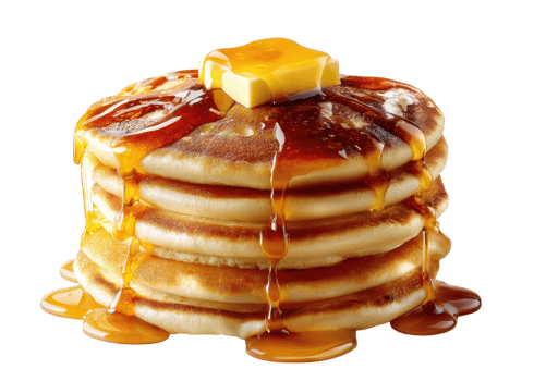 Stack of pancakes with butter and syrup dripping, isolated on transparent background, breakfast, food, dessert. png