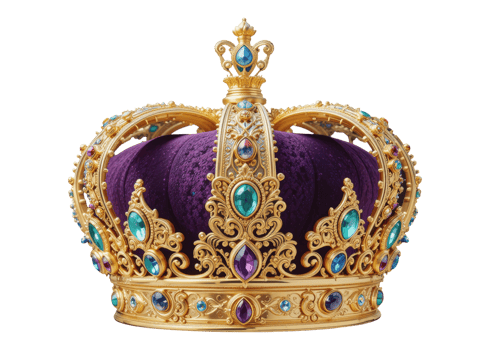 Golden crown with purple velvet and colorful gems, isolated on transparent background, royalty, power, wealth. png