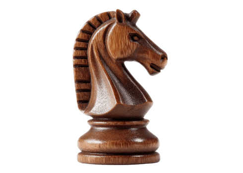 Wooden chess knight piece, dark brown wood texture, isolated on transparent background, game, strategy, intellect. png