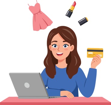 Woman enjoying online shopping with credit card and laptop surrounded by dress and lipstick illustration vector