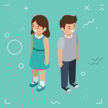 Children standing together smiling boy and girl in casual clothes illustration with teal background vector