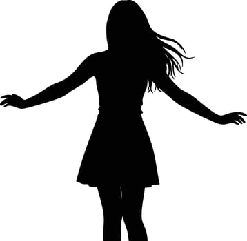 Female silhouette dancing with long hair and dress illustration in black and white style vector