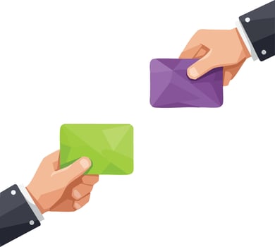 Hands exchanging green and purple envelopes in business communication concept illustration vector