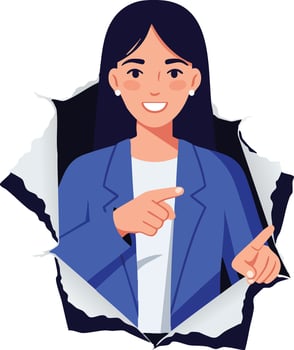 Businesswoman in blue jacket pointing through torn paper hole illustration with smiling expression vector