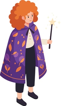 Girl with curly hair wearing purple leaf patterned cloak holding magic wand illustration vector