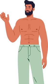Shirtless muscular man with beard waving hand casual gesture illustration vector