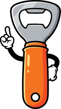 Bottle opener cartoon character with orange handle pointing finger illustration design vector