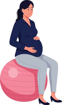 Pregnant woman sitting on pink exercise ball in casual outfit holding belly illustration vector