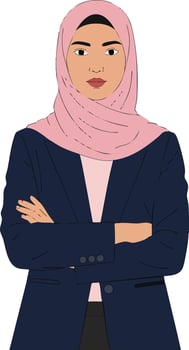 Confident businesswoman wearing pink hijab and navy blazer with crossed arms illustration vector
