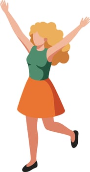 Woman with arms raised joyful expression green top orange skirt casual outfit illustration vector