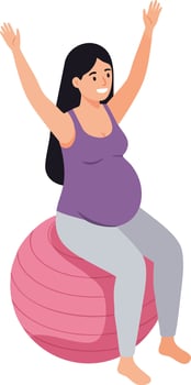Pregnant woman exercising on pink fitness ball with raised arms in casual clothes illustration vector