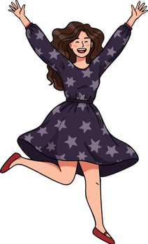 Happy woman jumping in star patterned dress with arms raised and red shoes joyful celebration illustration vector