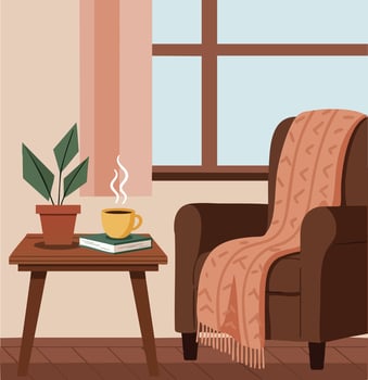 Cozy living room scene with brown armchair, orange blanket, green plant, wooden side table, and steaming cup of coffee illustration vector