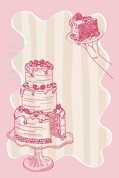 illustration in doodle style. Illustration of elegant wedding cake on striped background. Dolce vita style poster sketch. vector