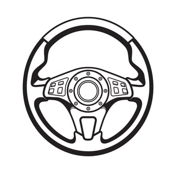 Illustrated black and white silhouette of a modern car steering wheel with buttons and control components for automotive designs vector