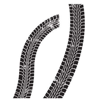 Two stylized black tire track marks set against a white background presenting a silhouette illustrating motion. vector