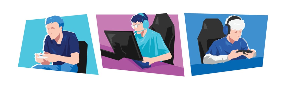 Three diverse gamers engaged in gaming vector